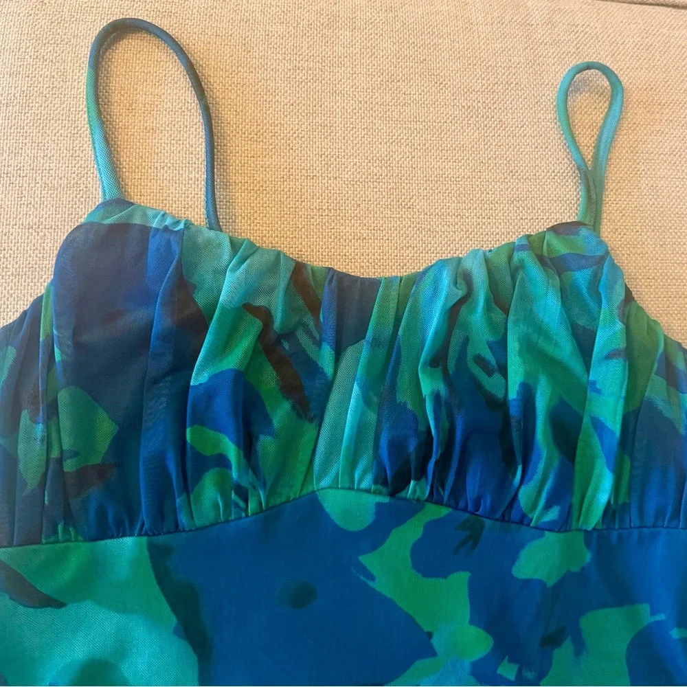 Teal & Blue Floral Midi Slip Dress with Spaghetti Straps - Picture 6 of 8